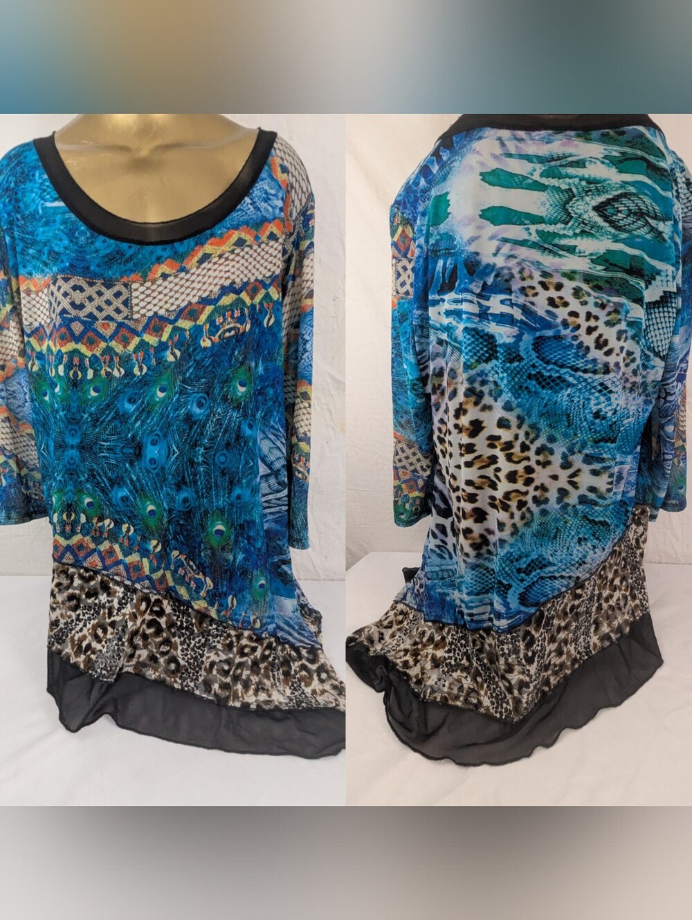 From The Heart Women's Tunic Peacock Print Mixed Animal Ruffle Hem XL